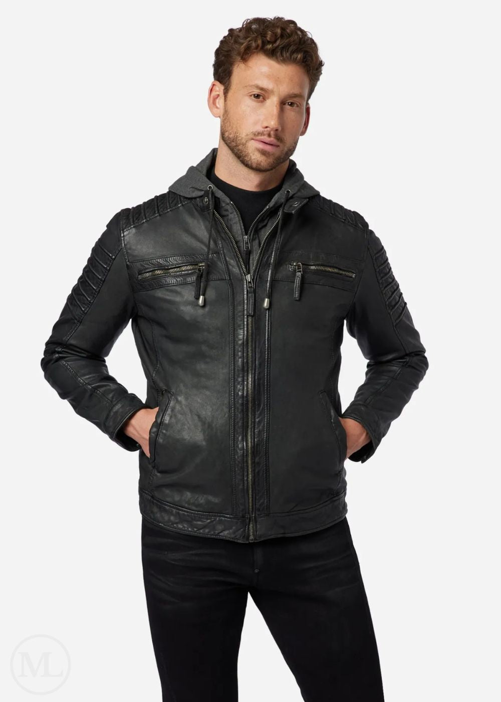 Kenton – Men’s Black Nappa Leather Biker Jacket with Removable Cotton Hood