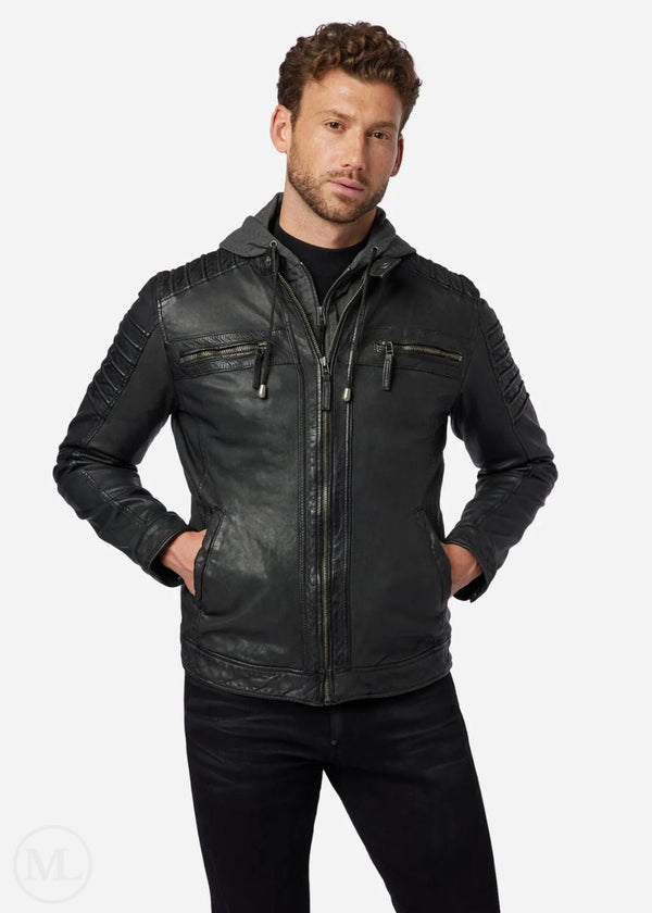 Kenton – Men’s Black Nappa Leather Biker Jacket with Removable Cotton Hood