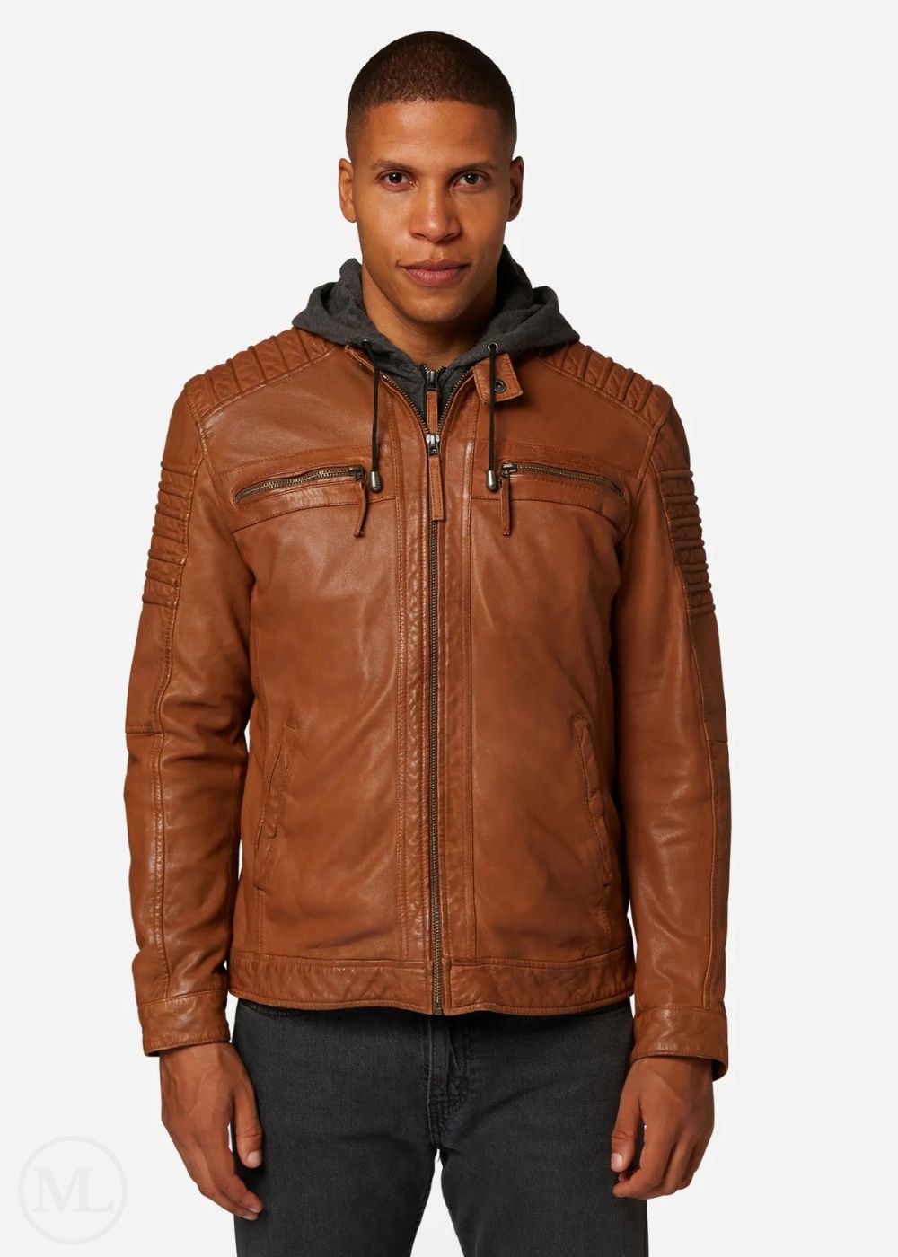 Kenton – Men’s Cognac Brown Nappa Leather Biker Jacket with Removable Cotton Hood