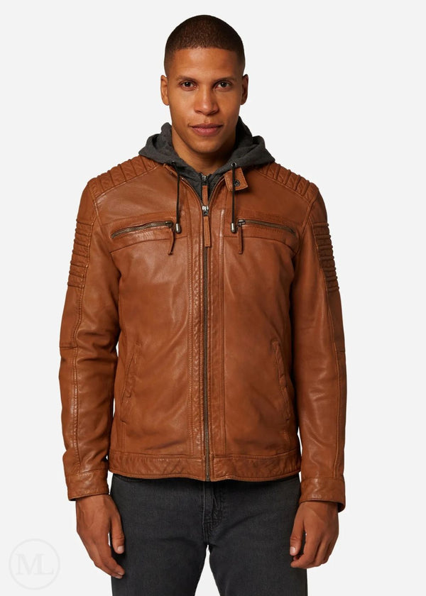 Kenton – Men’s Cognac Brown Nappa Leather Biker Jacket with Removable Cotton Hood