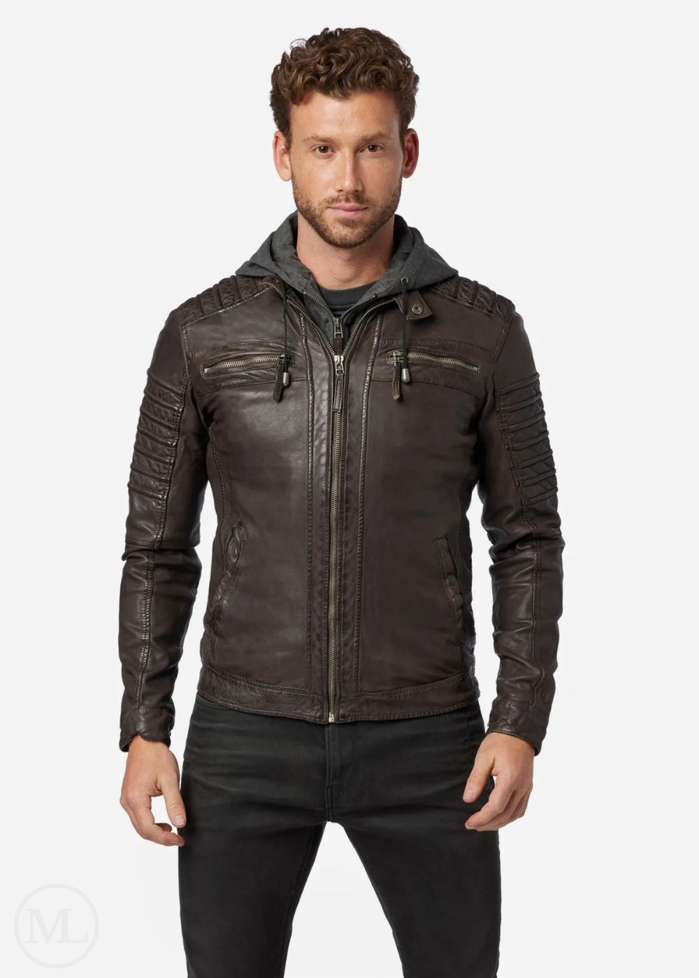 Kenton – Men’s Dark Brown Nappa Leather Biker Jacket with Removable Cotton Hood