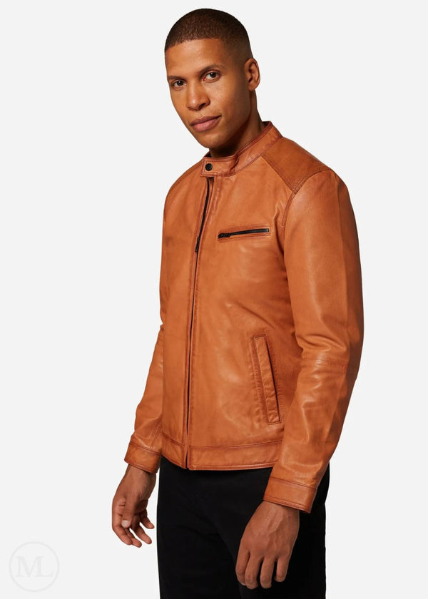 Lazaro – Men’s Cognac Brown Nappa Leather Café Racer Jacket with Band Collar