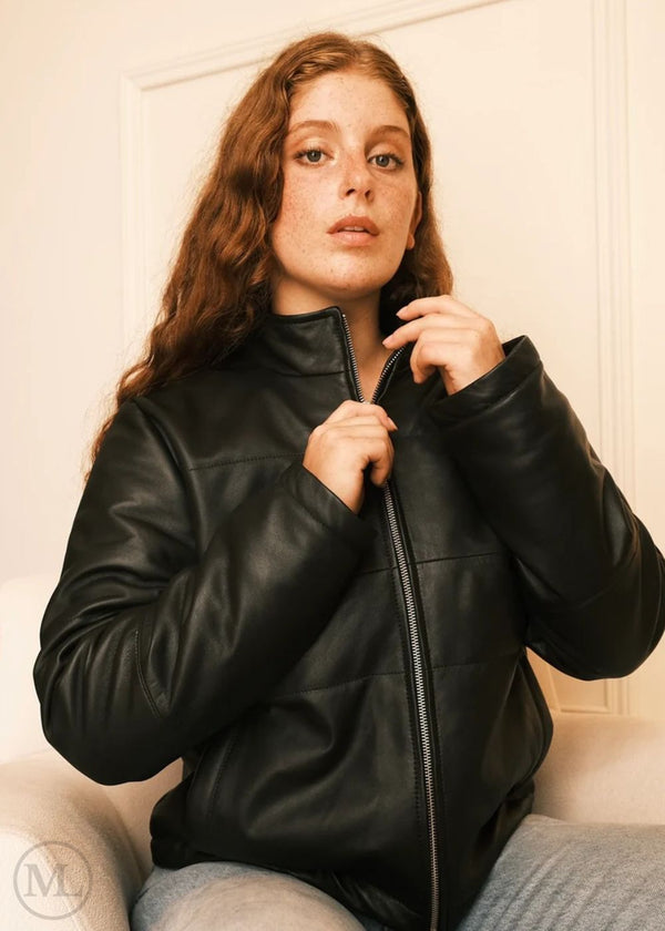 Liora 2.0 – Women’s Black Leather Down Jacket in Matte Finish