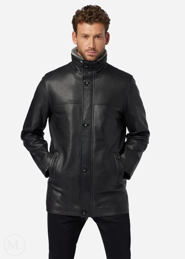 Lucian – Men’s Black Nappa Leather Winter Coat with Detachable Fur Lining