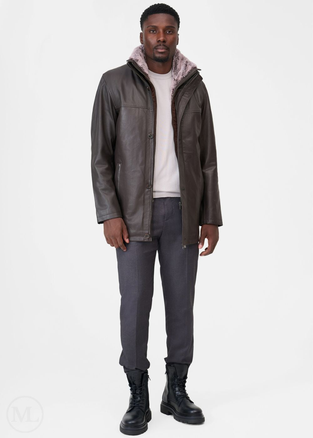 Lucian – Men’s Brown Nappa Leather Winter Coat with Detachable Fur Lining