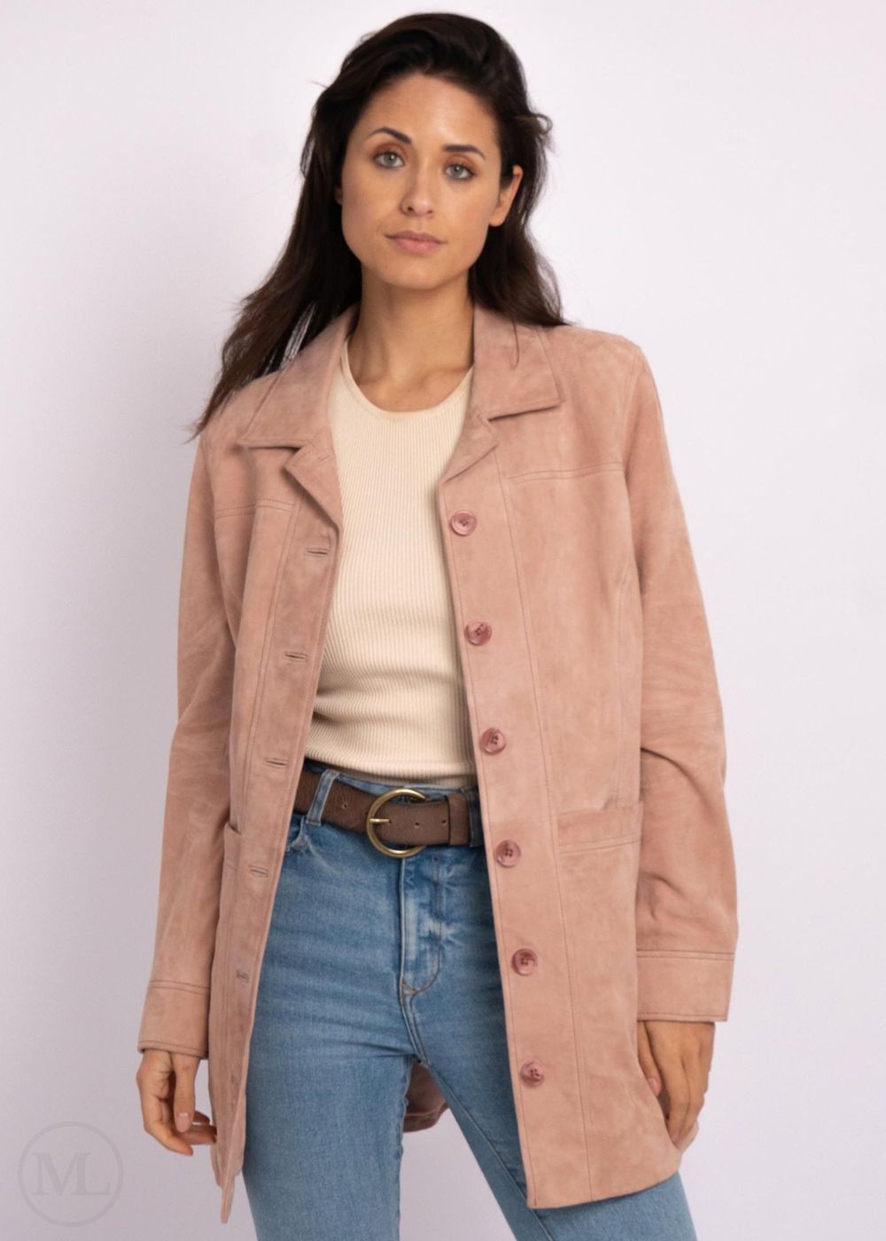 Luciana – Women’s Button-Up Long Pink Suede Leather Coat