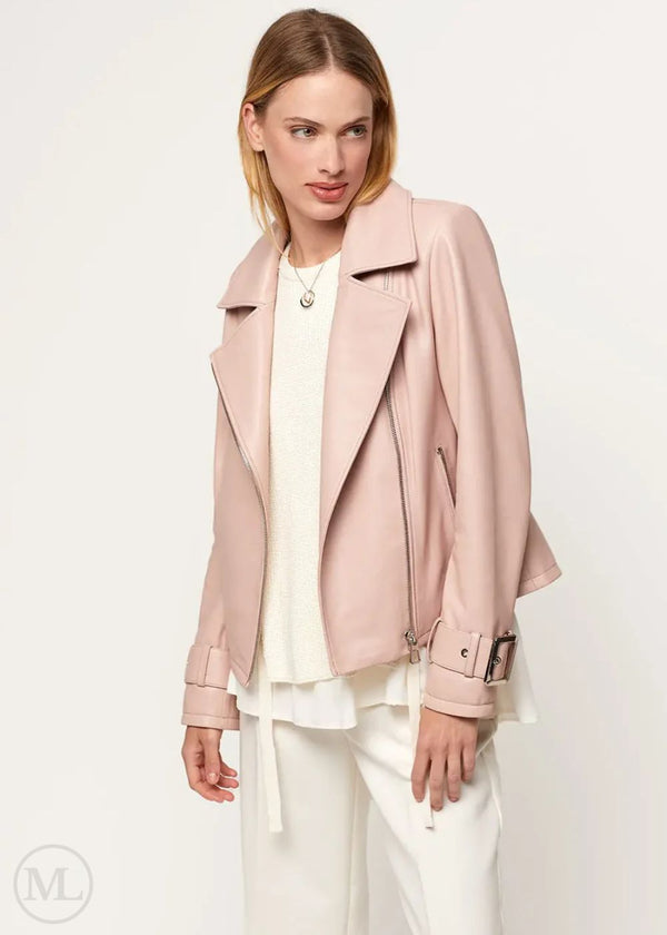 Lyra – Women’s Soft Pink Minimalist Leather Biker Jacket
