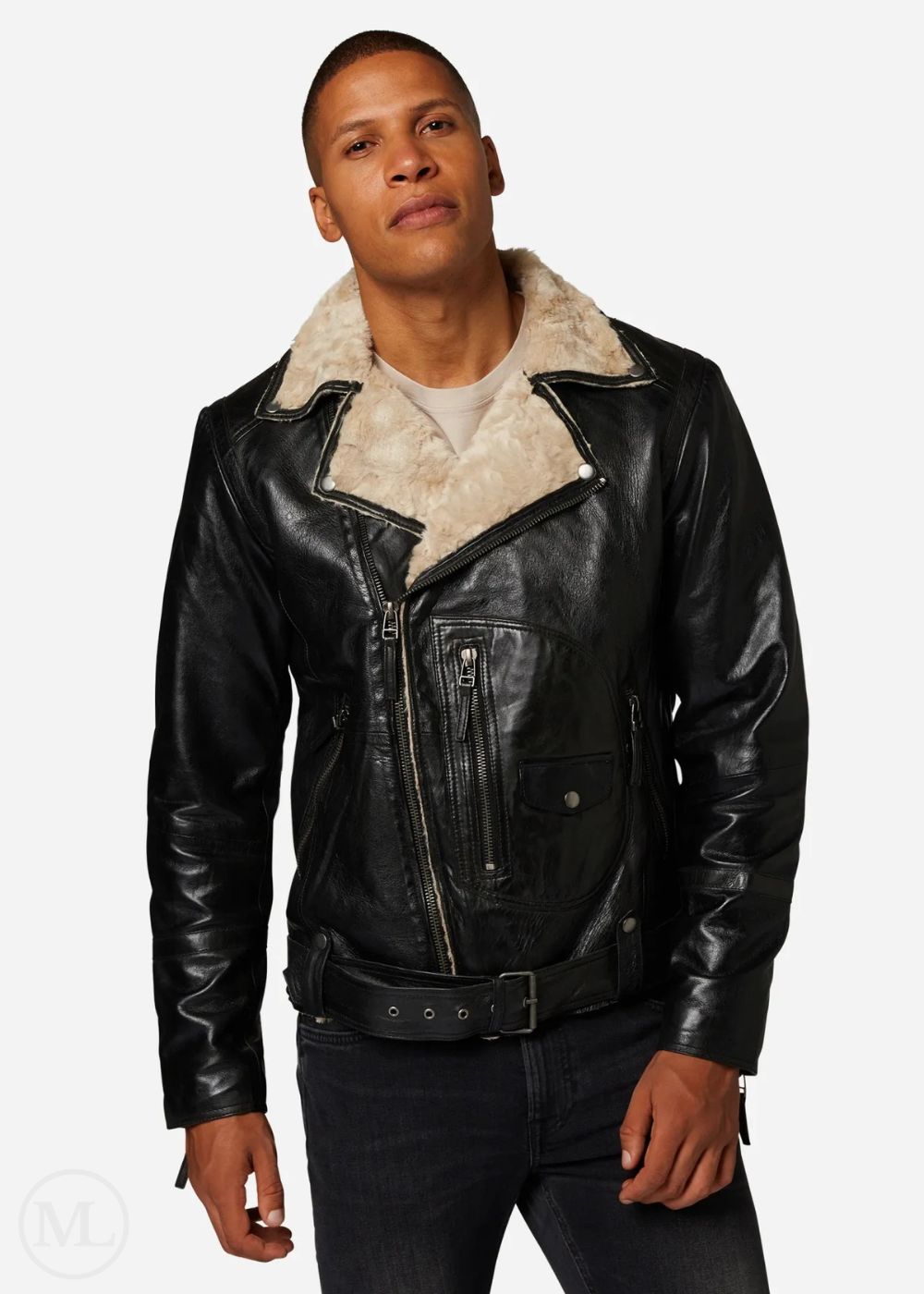 Magnus – Men’s  Black Nappa Leather Biker Jacket with Full Fur Lining