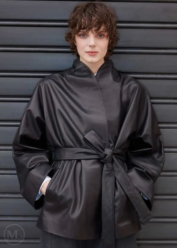 Mara – Women’s Black Belted Wrap Leather Blazer Coat