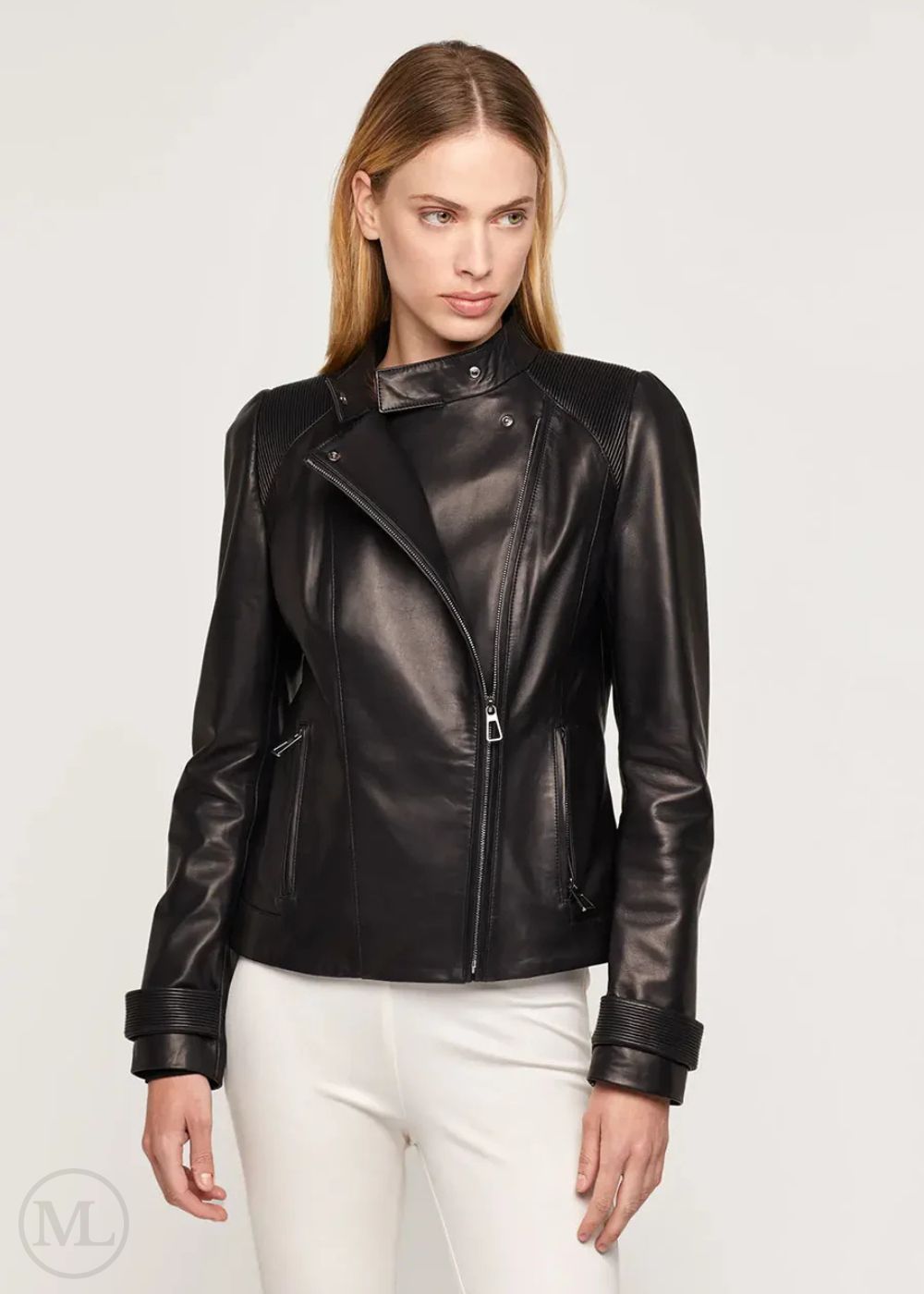 Marcella – Women’s Black Leather Moto Jacket with Ribbed Accents