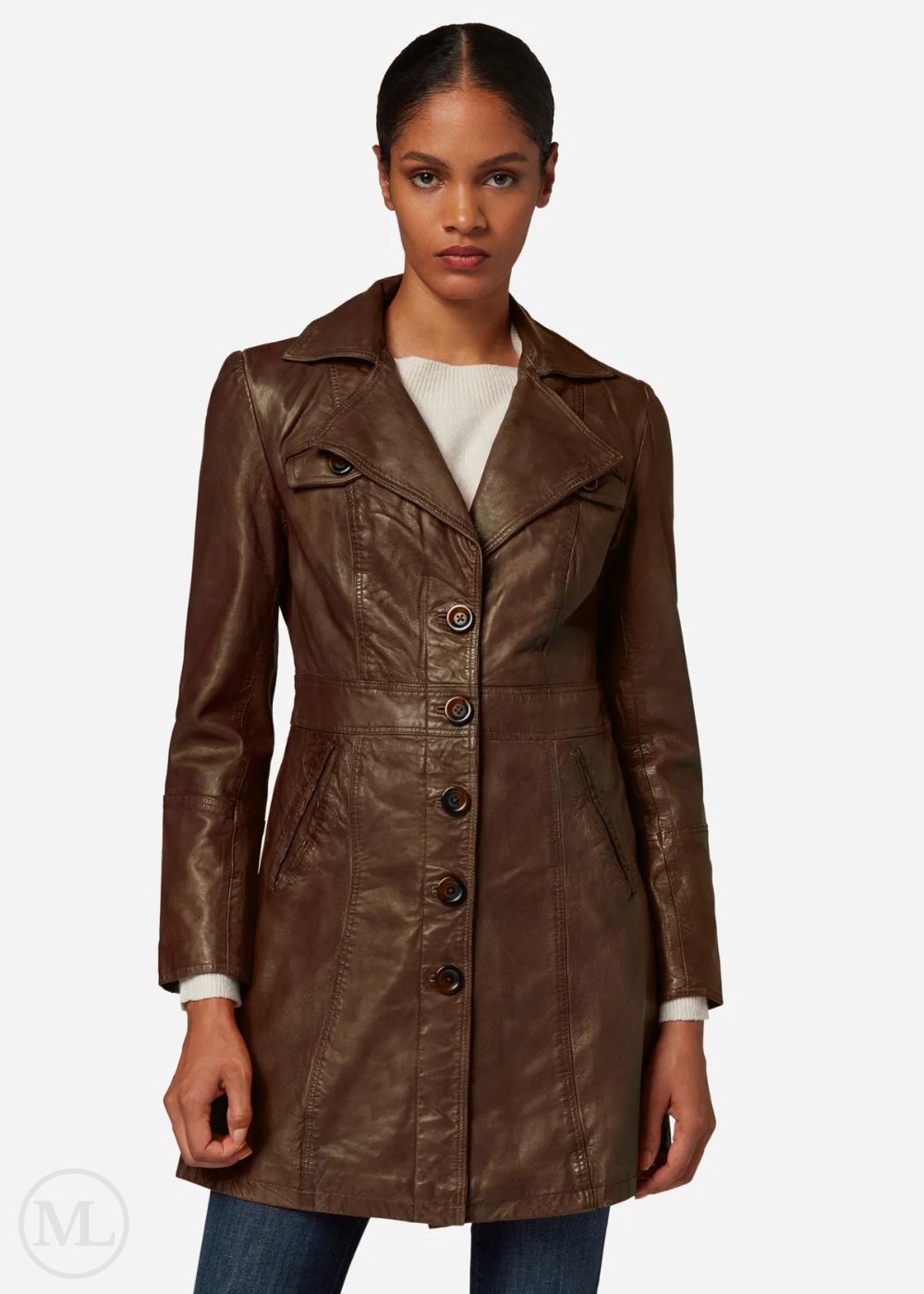 Marivelle – Women’s Brown Nappa Leather Short Trench Coat with Notched Lapel