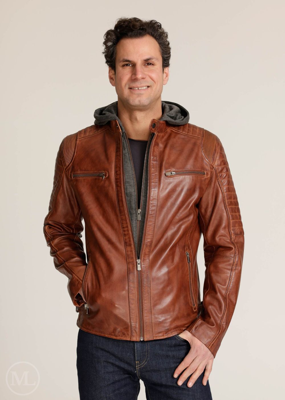 Maverick – Men’s Brown Leather Motorcycle Jacket with Detachable Inner Hoodie