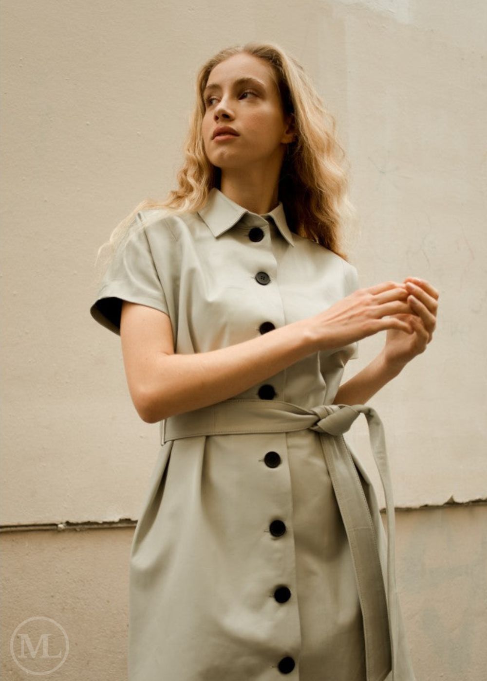 Mila – Women’s Ivory Button-Down Leather Shirt Dress with Belted Waist