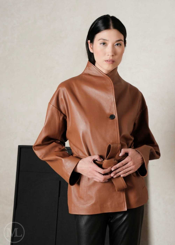 Mira – Women's Brown Belted Lambskin Leather Wrap Coat with High Collar
