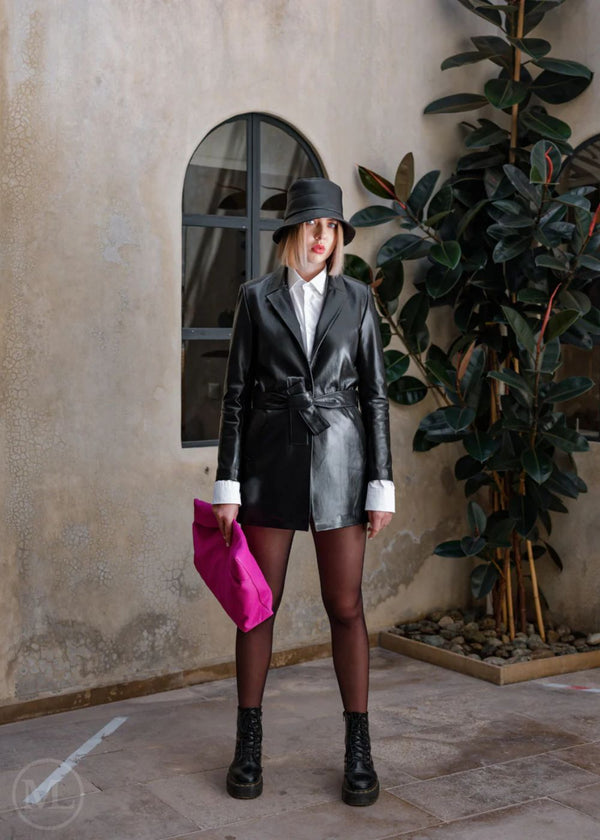 Monroe – Women’s Classic Belted Black Leather Blazer Coat