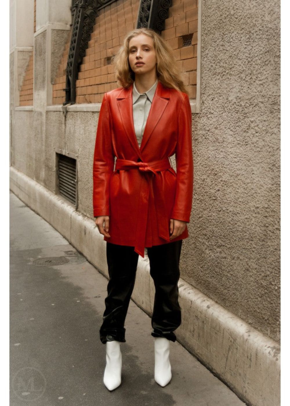 Monroe – Women’s Red Classic Belted Leather Blazer Coat