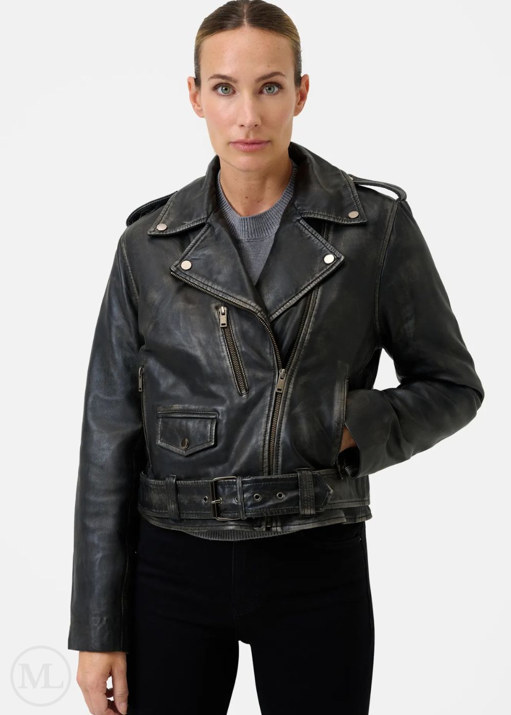 Noiré – Women’s Vintage Black Nappa Leather Biker Jacket with Belted Waist