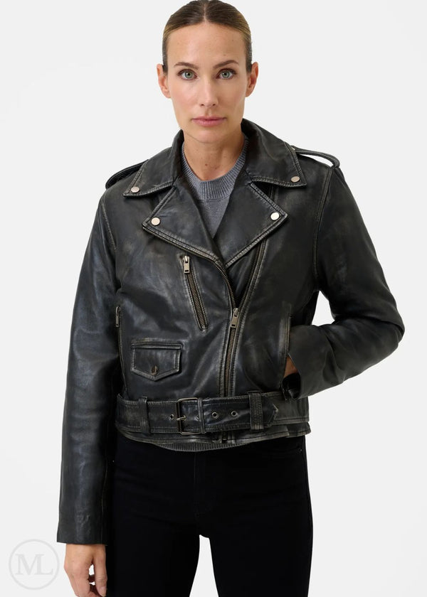 Noiré – Women’s Vintage Black Nappa Leather Biker Jacket with Belted Waist