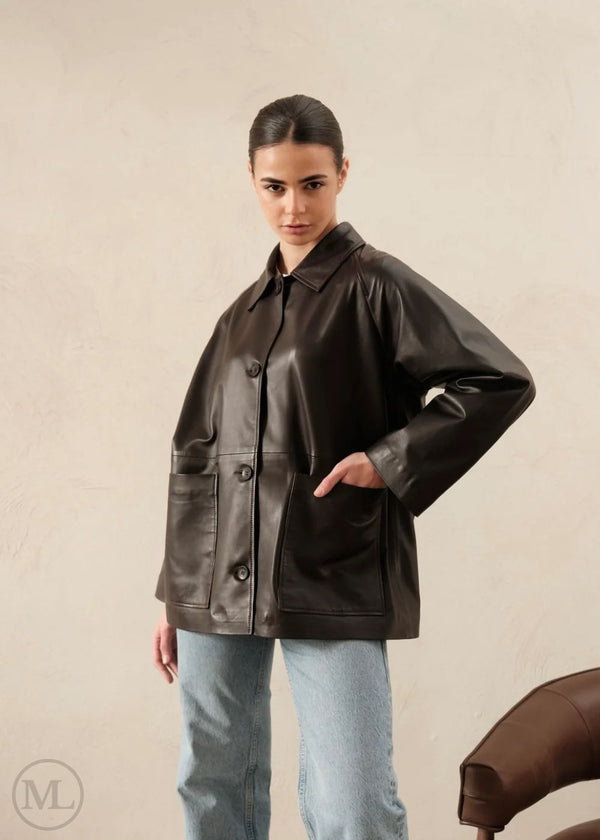 Nora – Women’s Boxy Dark Brown Leather Trucker Blazer