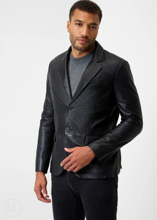 Rafael – Men’s Black Tailored Nappa Leather Blazer with Notch Lapel