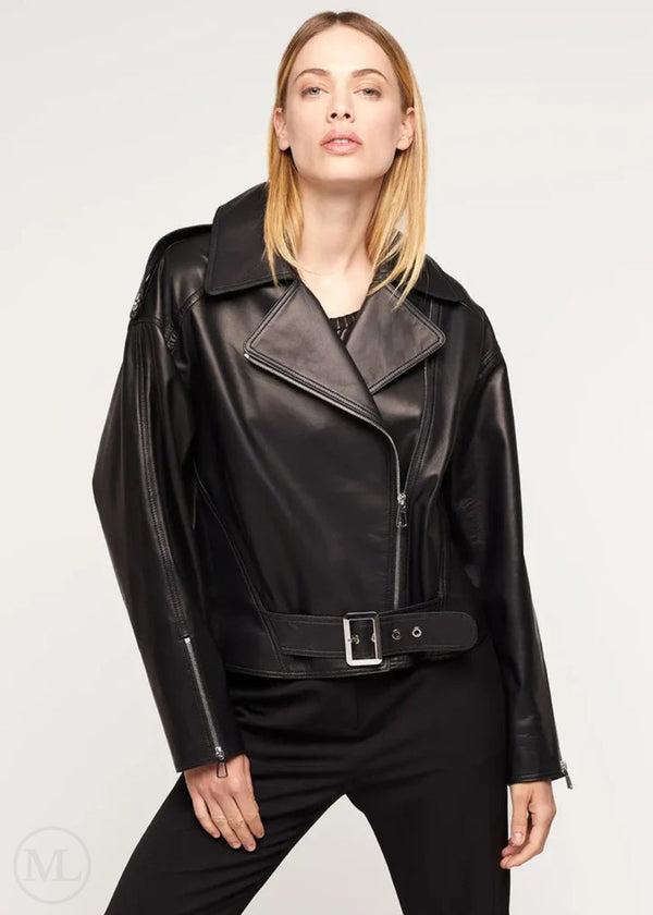 Raven – Women’s Black Oversized Belted Leather Biker Jacket