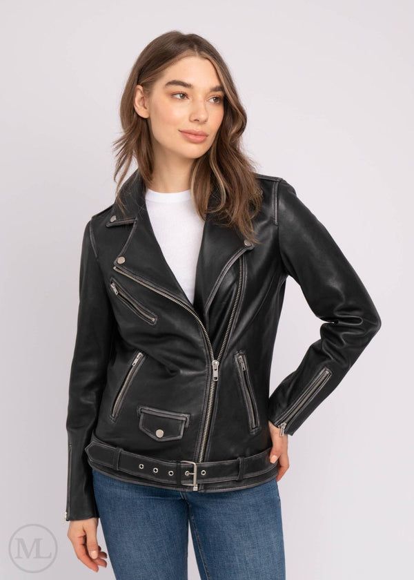 Rebel - Women’s Black Long Belted Leather Biker Jacket