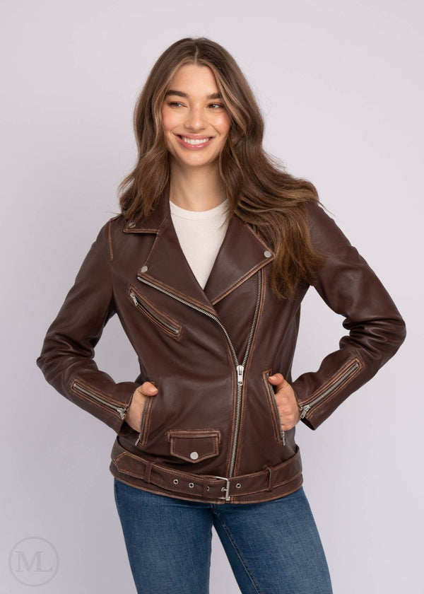Rebel - Women’s Dark Brown Long Belted Leather Biker Jacket