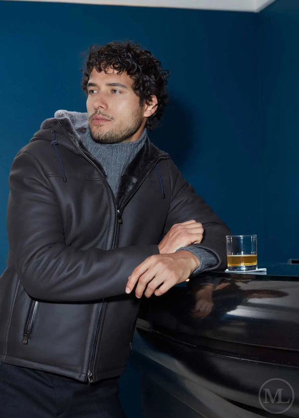 Ronan – Men’s Dark Grey Hooded Shearling Jacket for Winters
