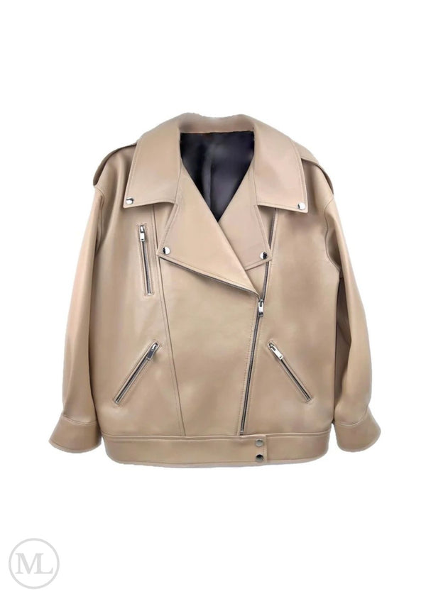 Roux – Women’s Oversized Nude Leather Biker Jacket with Asymmetric Zips