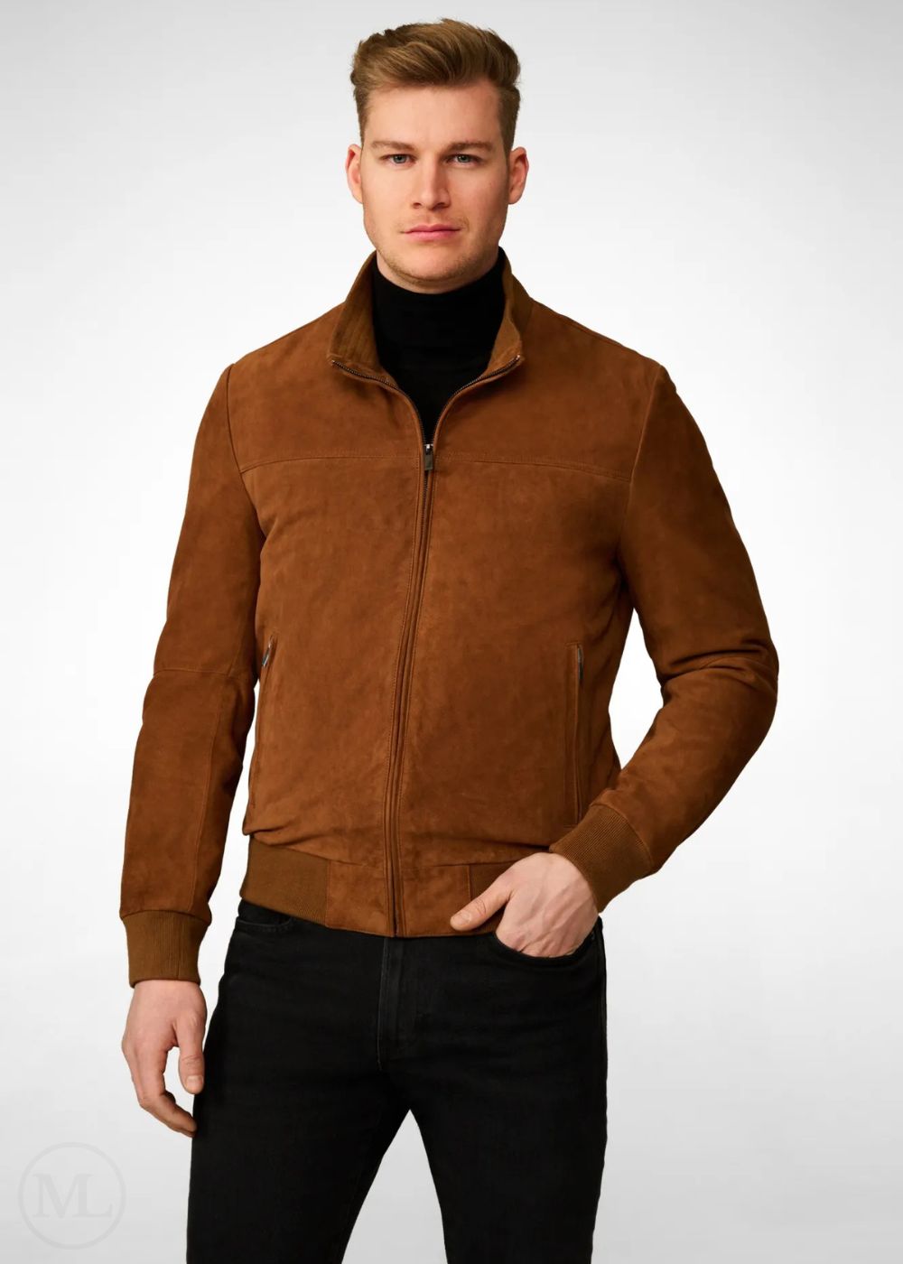 Rowan – Men’s Cognac Brown Suede Bomber Jacket with Band Collar