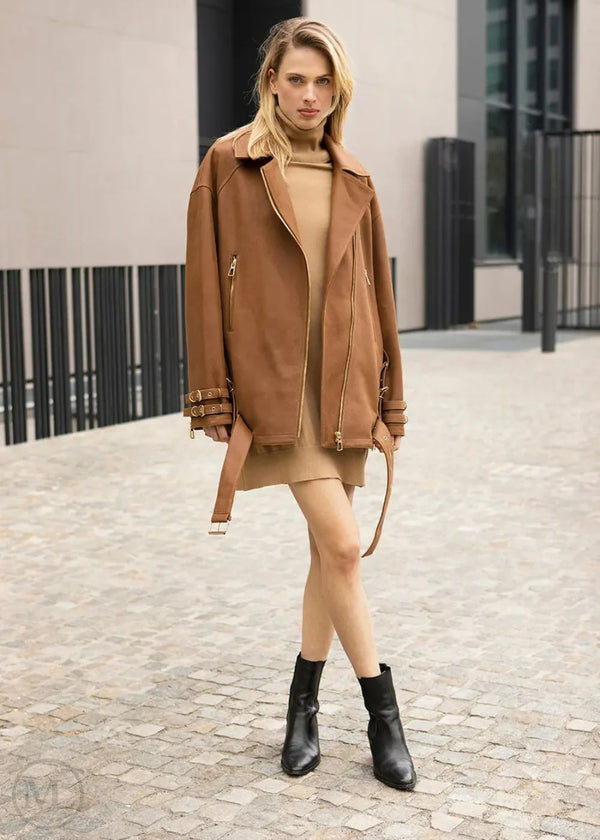 Sabine – Women’s Camel Brown Oversized Nubuck Leather Biker Jacket with Belt