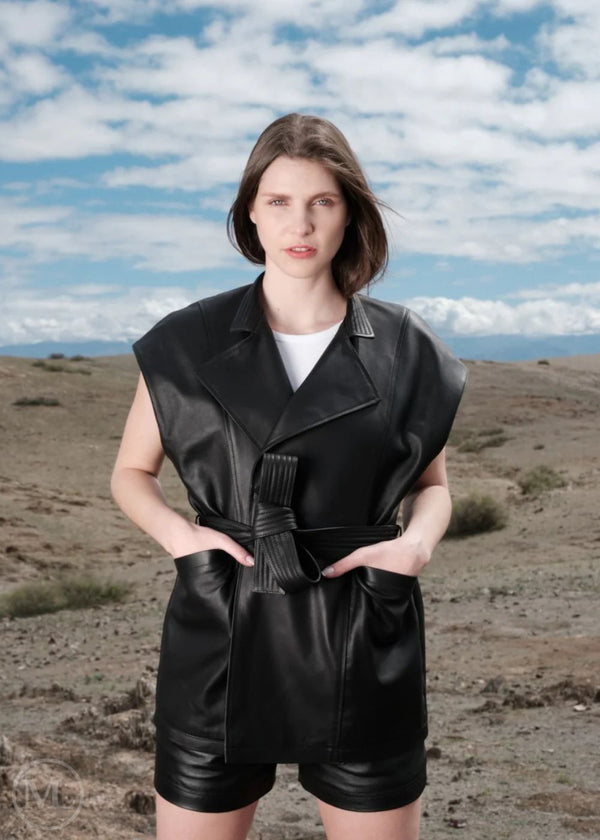 Sahara – Women’s Sleeveless Black Leather Vest with Belted Waist