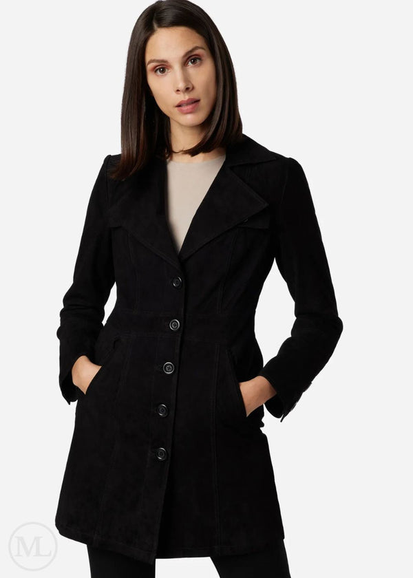 Seraphine – Women’s Black Suede Leather Short Trench Coat with Notched Lapel