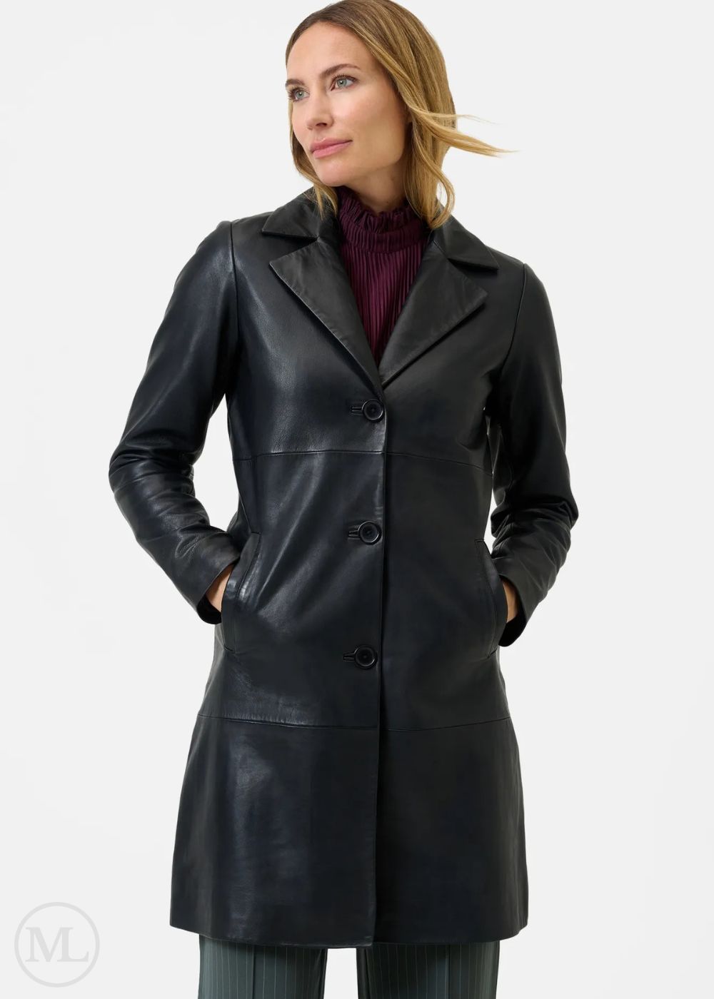 Seren – Women’s Nappa Black Leather Long Coat with Notched Lapel Collar