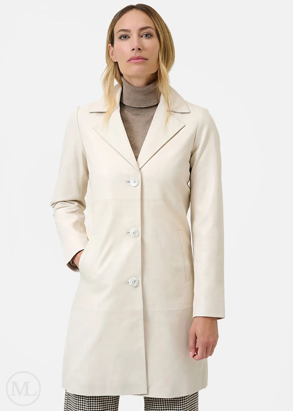 Seren – Women’s Ivory Nappa Leather Long Coat with Notched Lapel Collar