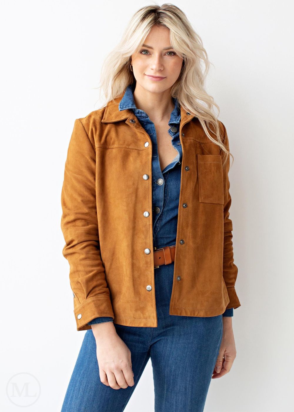 Sierra – Women’s Cognac Brown Suede Button-Up Trucker Jacket
