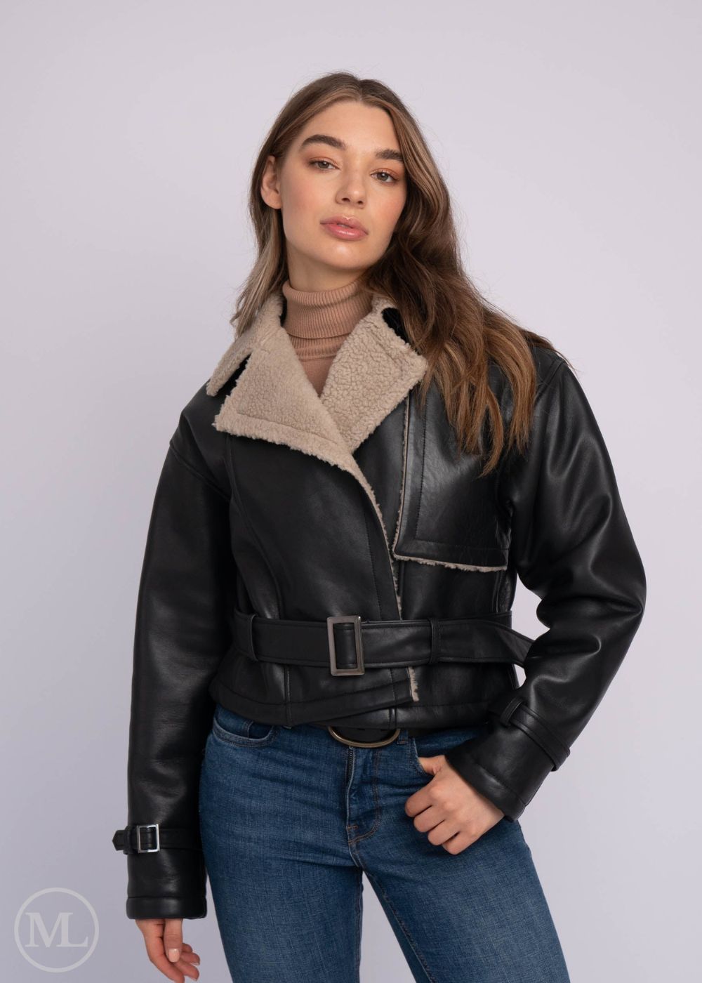 Skylar – Women’s Black Cropped Shearling Aviator Leather Jacket