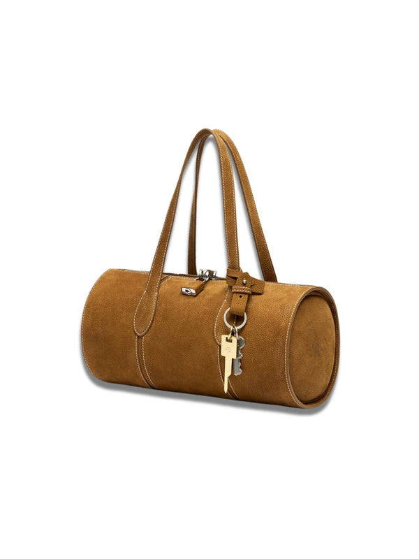 The Arlo – Women's Tan Pebbled Nubuck Leather Barrel Bag | Small Cylinder Duffel Handbag