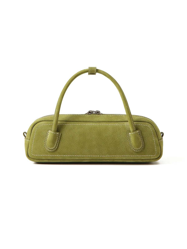 The Fern – Women's Green Pebbled Nubuck Leather Baguette Bag | Structured Top Handle Crossbody