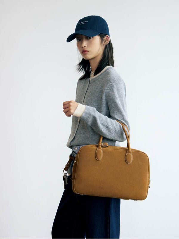 The Harlow – Women's Tan Top-Grain Pebbled Suede Leather Doctor Bag | Large Structured Satchel Handbag