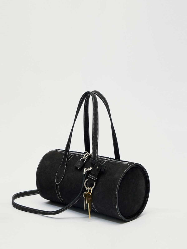 The Arlo – Women's Black Pebbled Nubuck Leather Barrel Bag | Small Cylinder Duffel Handbag