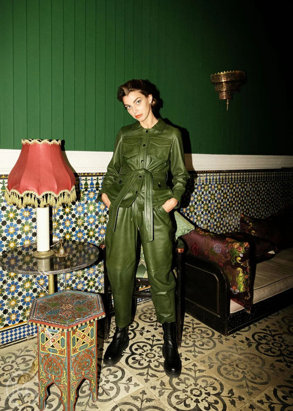 The Vanessa – Women's Olive Khaki Leather Shirt-Style Coat with Belt
