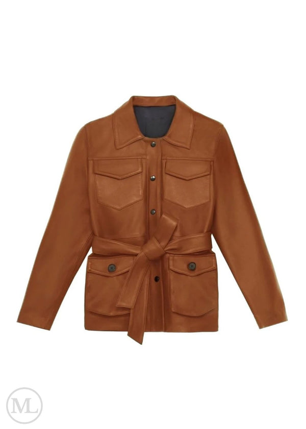 The Vanessa – Women's Camel Leather Shirt-Style Coat with Belt