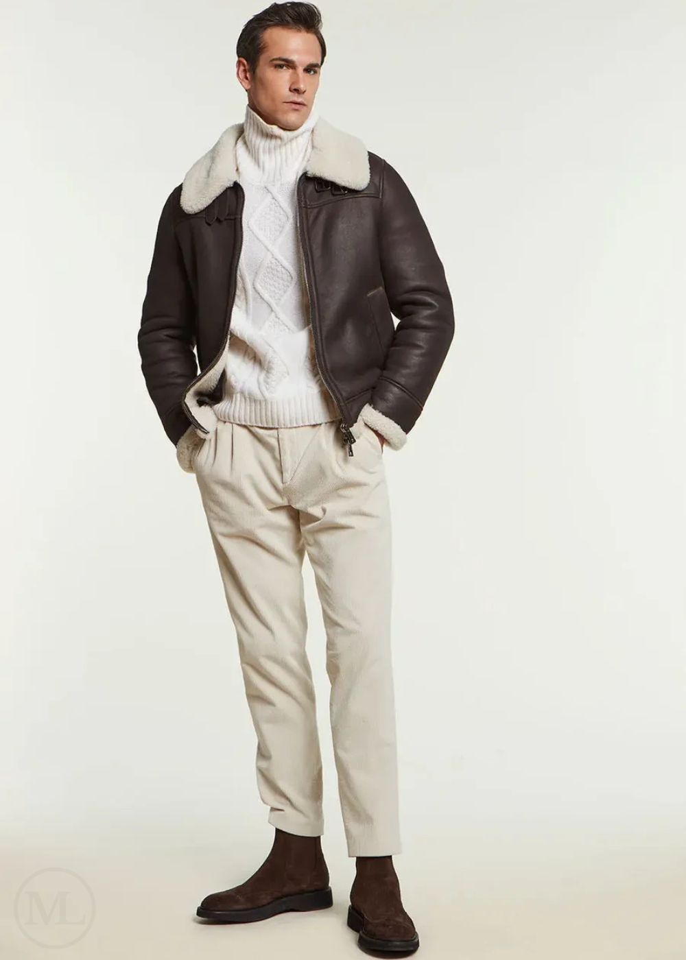 Valmont – Men’s Dark Brown Shearling Aviator Jacket with Cream Wool Lining