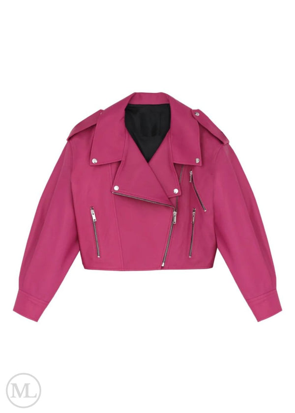 Vera – Women's Fuchsia Cropped Lambskin Leather Biker Jacket