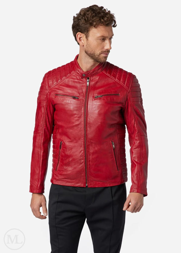 Victor – Men’s  Red Nappa Leather Café Racer Jacket with Quilted Shoulder & Sides