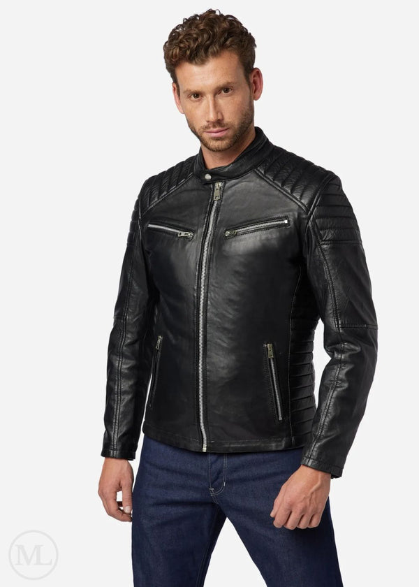 Victor – Men’s Black Nappa Leather Café Racer Jacket with Quilted Shoulder & Sides