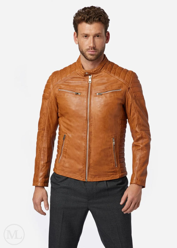 Victor – Men’s Cognac Brown Nappa Leather Café Racer Jacket with Quilted Shoulder & Sides