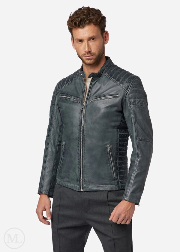 Victor – Men’s Grey Nappa Leather Café Racer Jacket with Quilted Shoulder & Sides