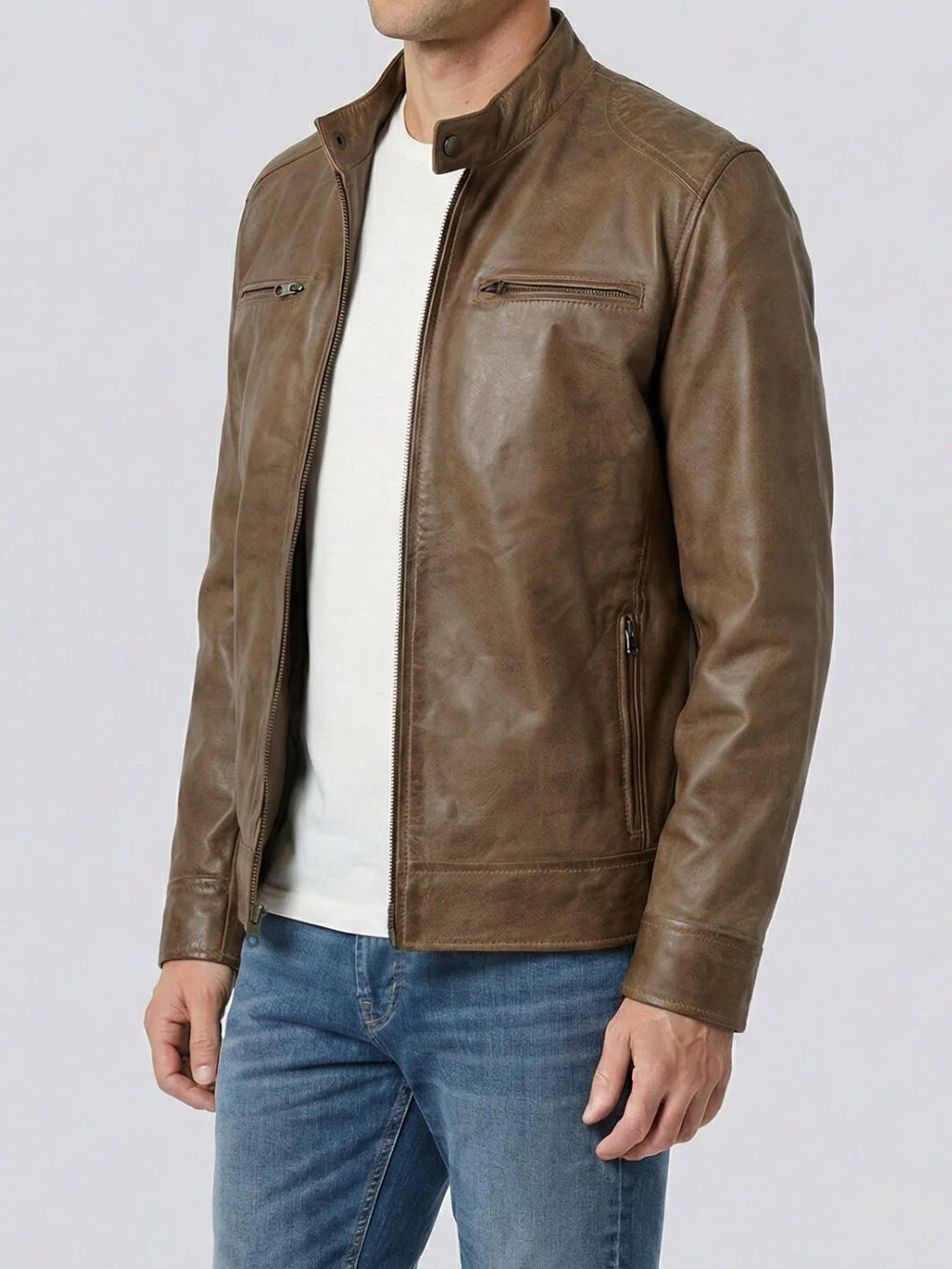 Archer camel leather biker jacket, side view — OX & ARMOR